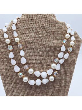 Lisner Iridescent Crystal Glass Moonglow Bead Double Strand Necklace Vintage